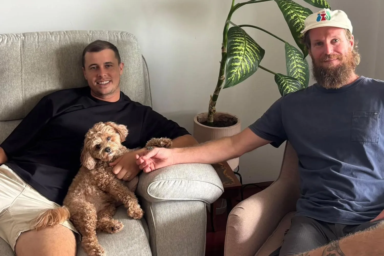 Milo and Nic with Nic's cavoodle Yoshimoto.