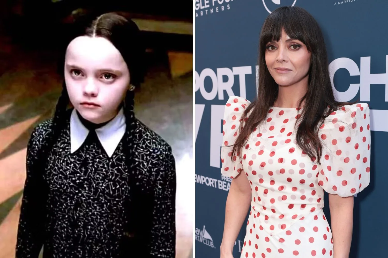 Christina Ricci as Wednesday Addams on The Addams Family and pictured in 2025. 