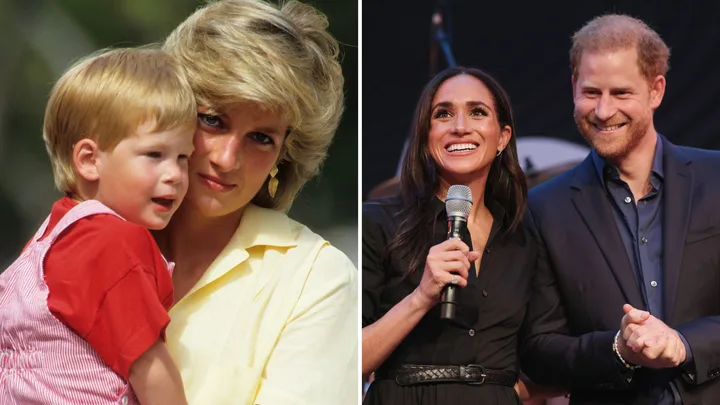 Princess Diana with Harry as a child, and Harry with Meghan, right.