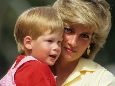 Princess Diana with Harry as a child, and Harry with Meghan, right.