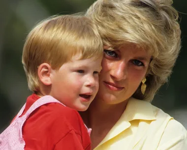 Princess Diana with Harry as a child, and Harry with Meghan, right.