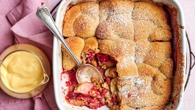 Raspberry, apple and rhubarb cobbler