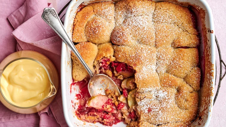 Raspberry, apple and rhubarb cobbler