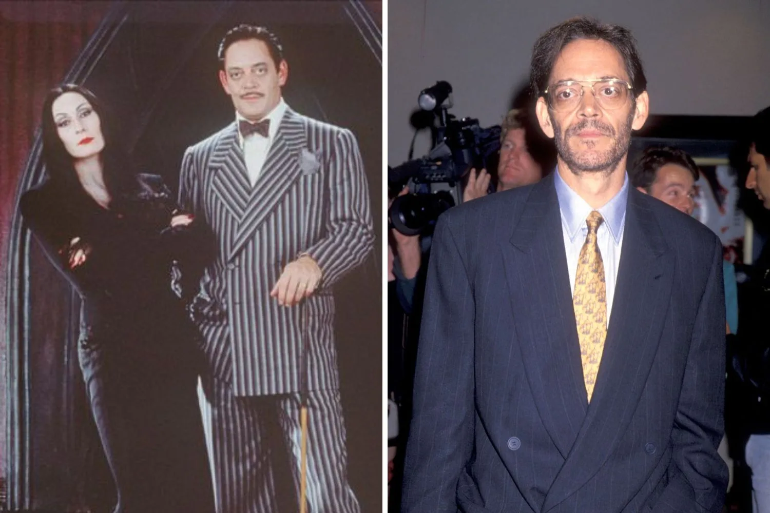 Raul Julia as Gomez Addams on set with Anjelica Huston and, right, pictured a month before his death on a red carpet