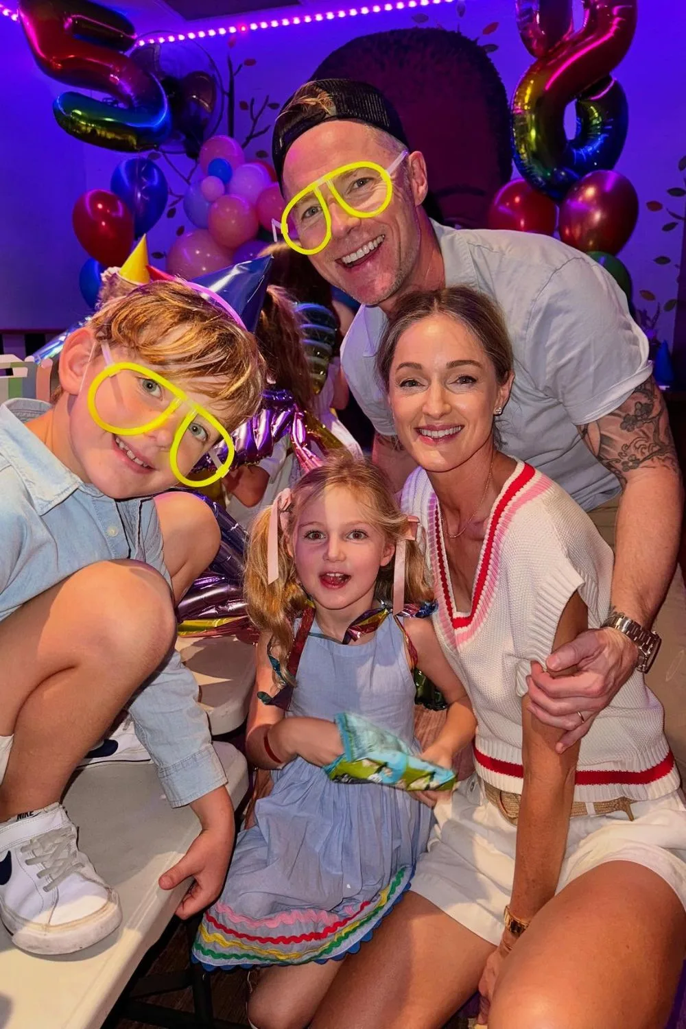 Ronan Keating and wife Storm pictured wearing comedy glasses with their children