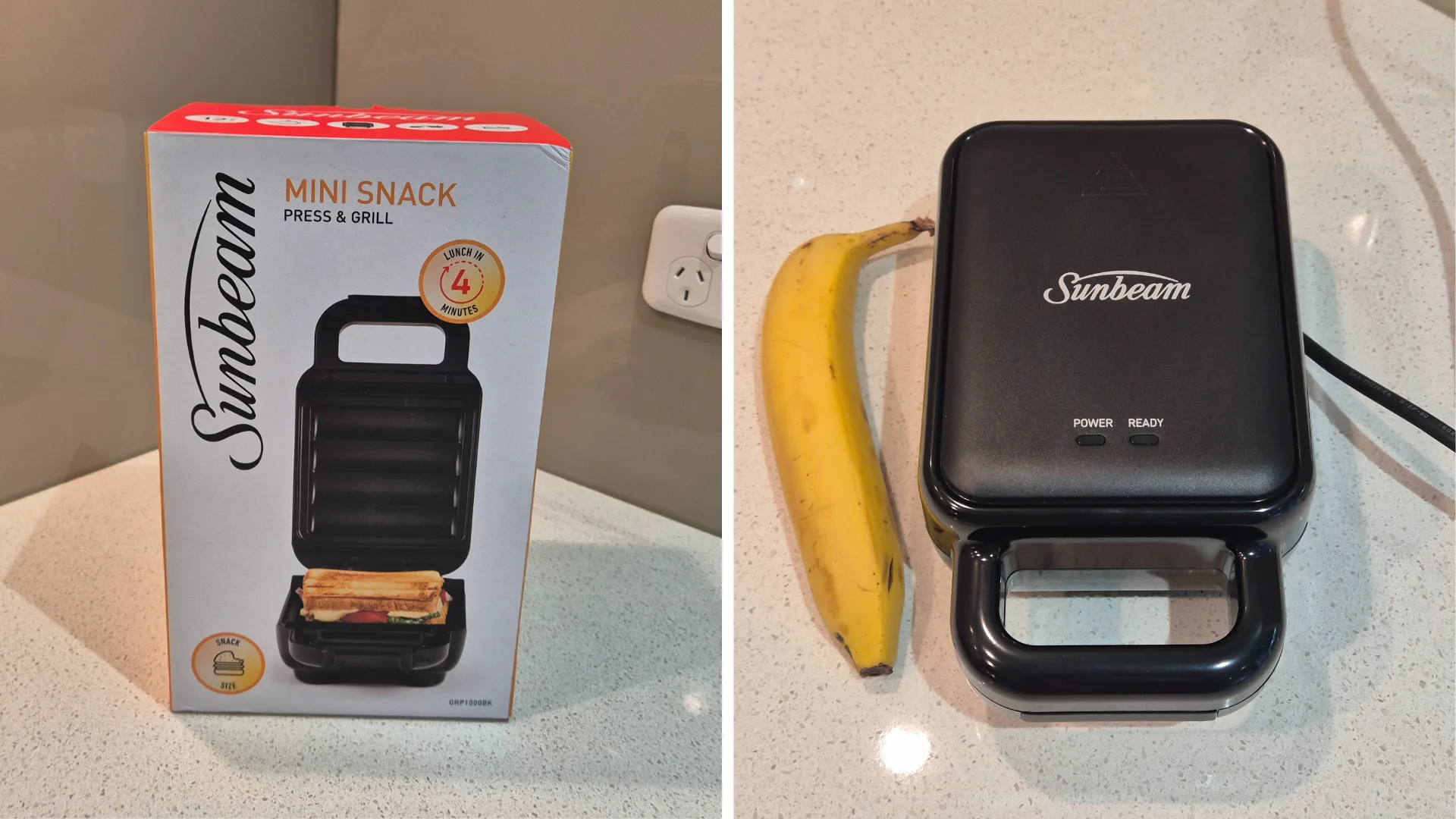 Sunbeam Mini Snack Press & Grill, in and out of its box