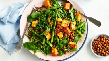 Roasted Chickpea Haloumi Salad with Hot Honey Dressing