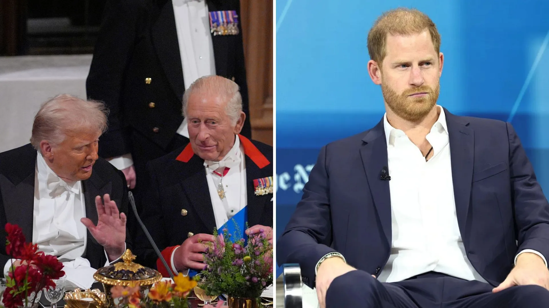 Donald trump and King Charles at state banquet and general photo of Prince Harry