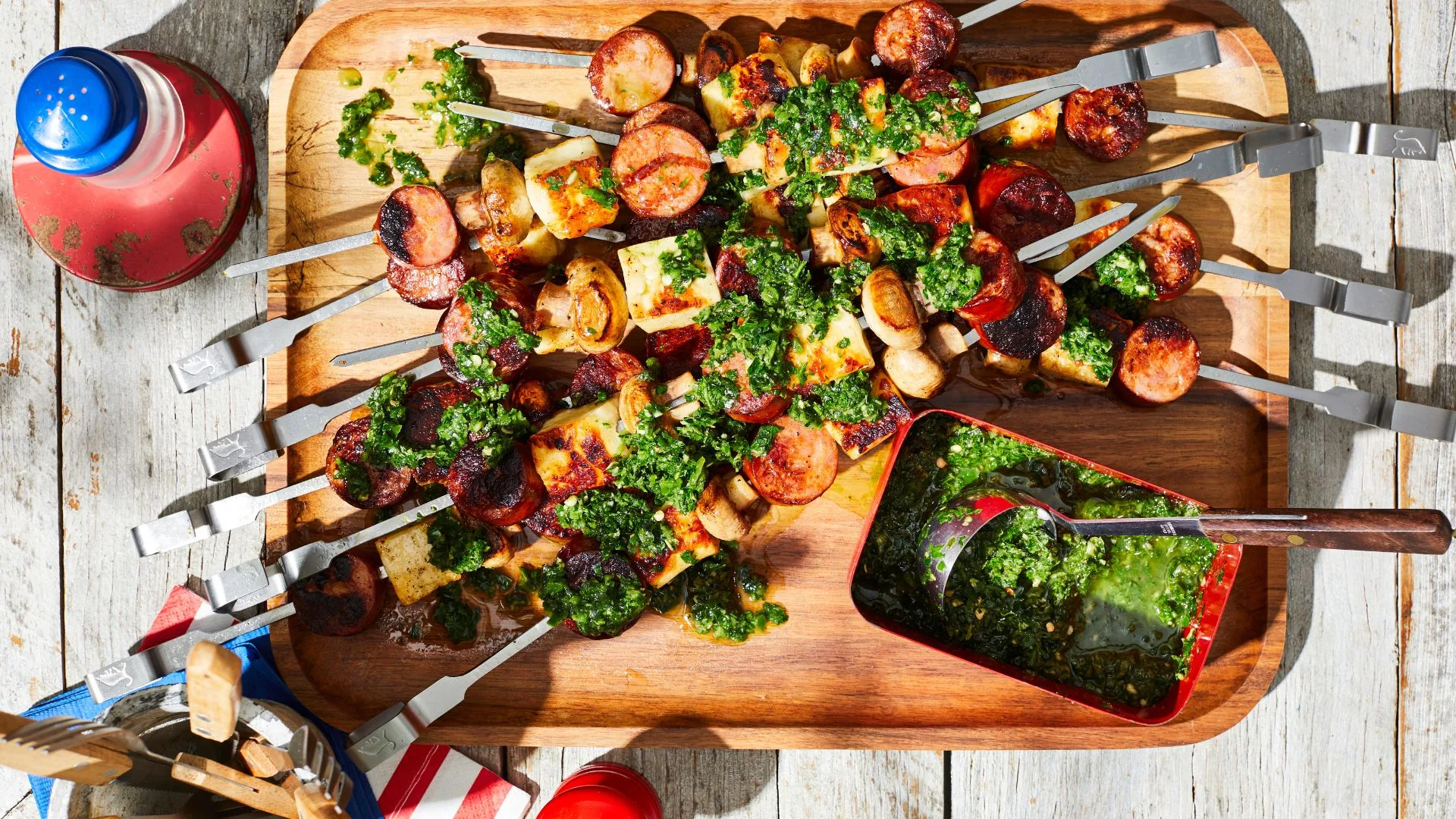 Chimichurri Chorizo, Haloumi and Mushroom Skewers