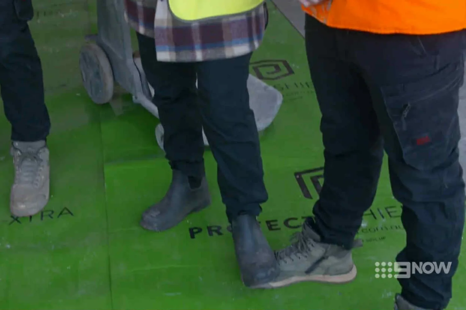 Shelley Craft steps on Mat's foot on The Block 