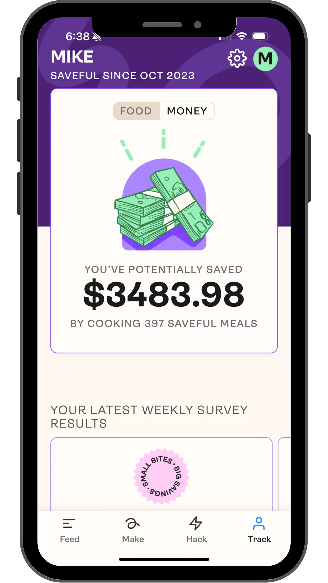 The app showing how much money has been saved