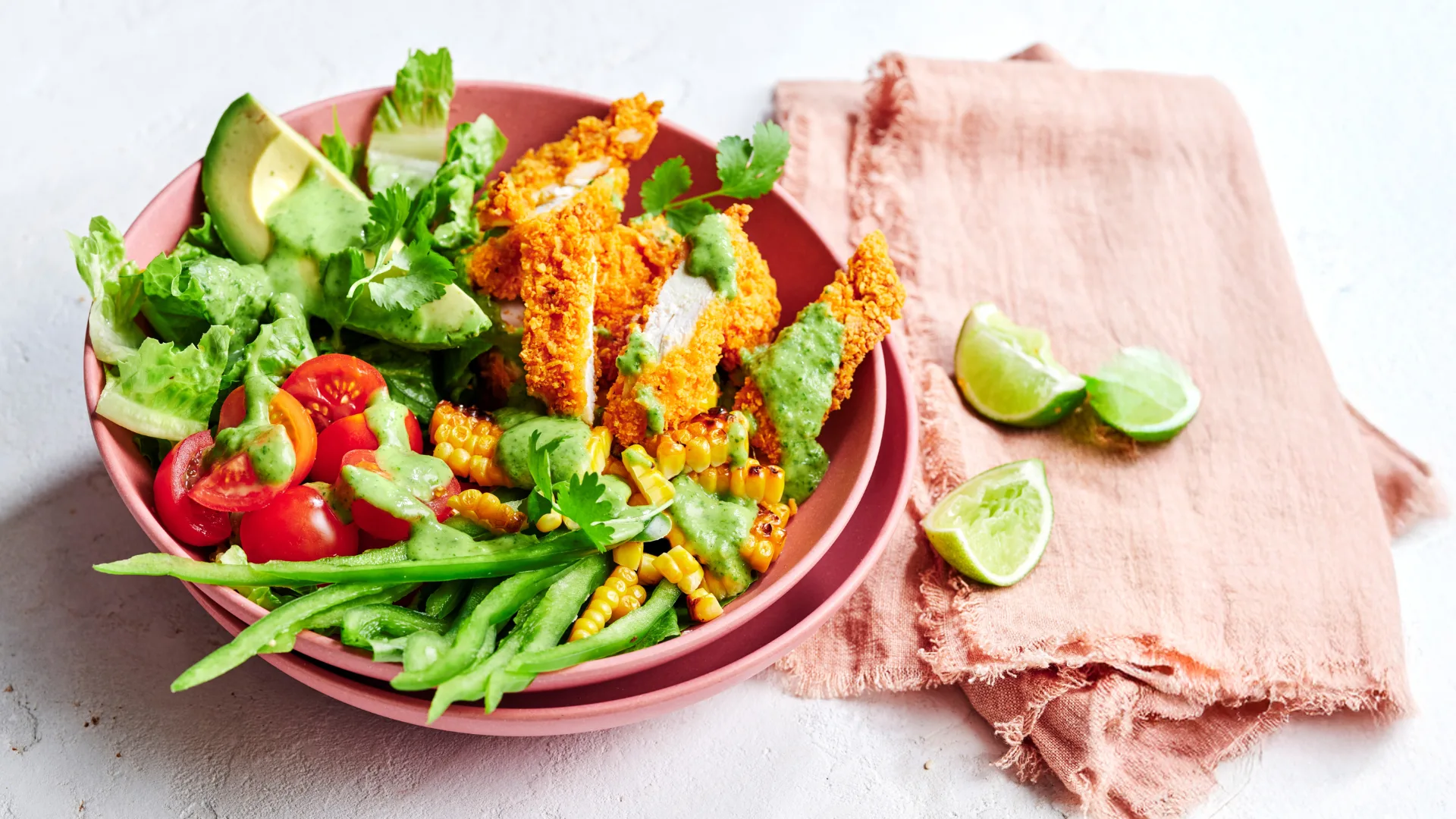 Taco Crumbed Chicken Bowls with Coriander Dressing