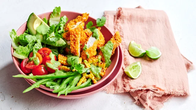 Taco Crumbed Chicken Bowls with Coriander Dressing