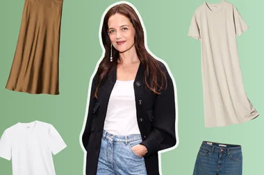 Katie Holmes surrounded by capsule wardrobe clothing pieces