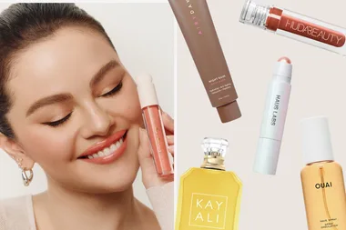 selena gomez holding rare beauty lip gloss and sephora beauty products