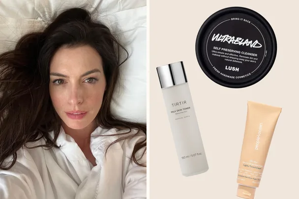 anne hathaway next to skincare products