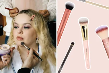 Nicola Coughlan next to makeup brushes