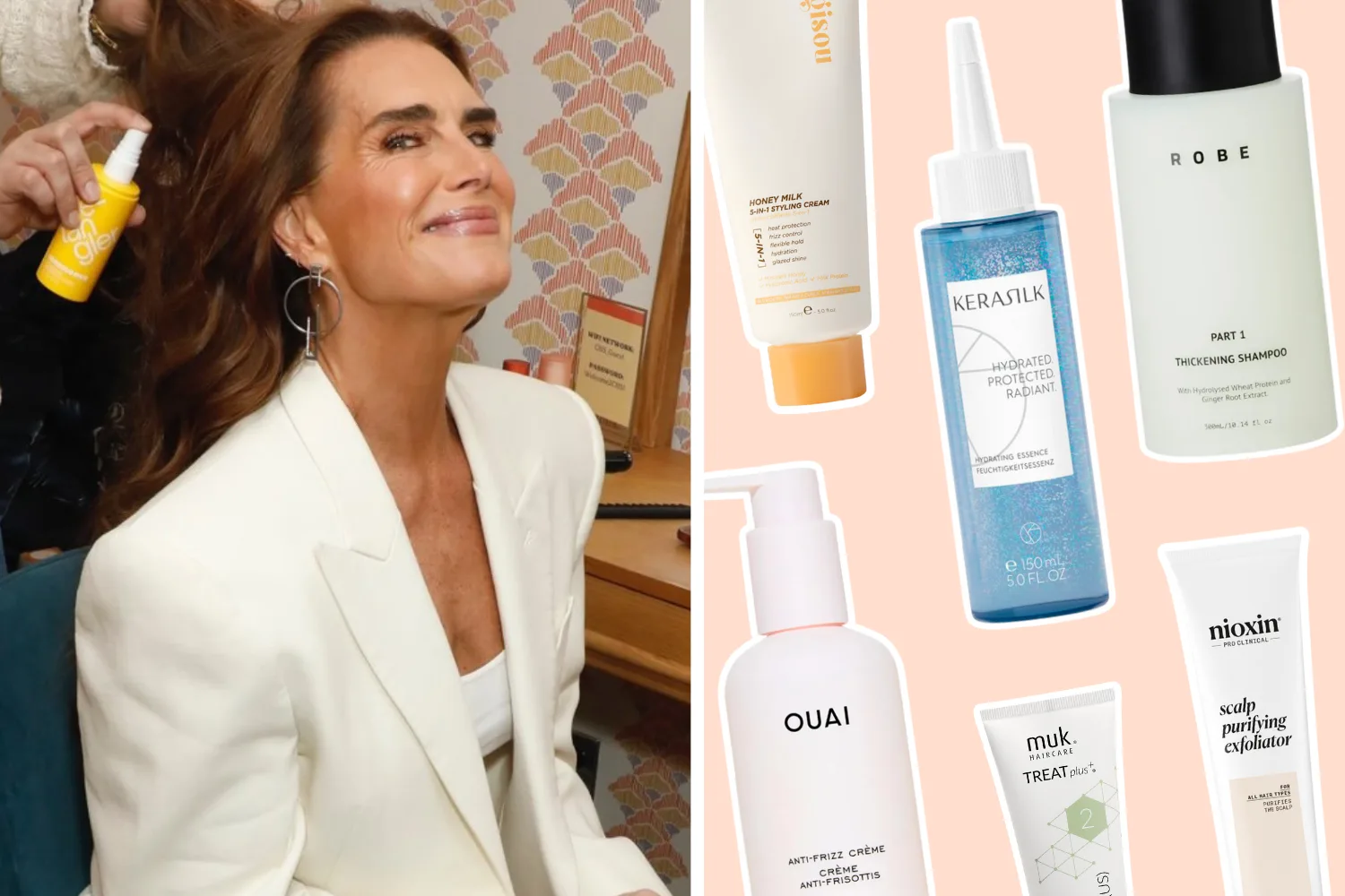 Brooke Shields getting hair styled next to hair repair products