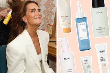 Brooke Shields getting hair styled next to hair repair products