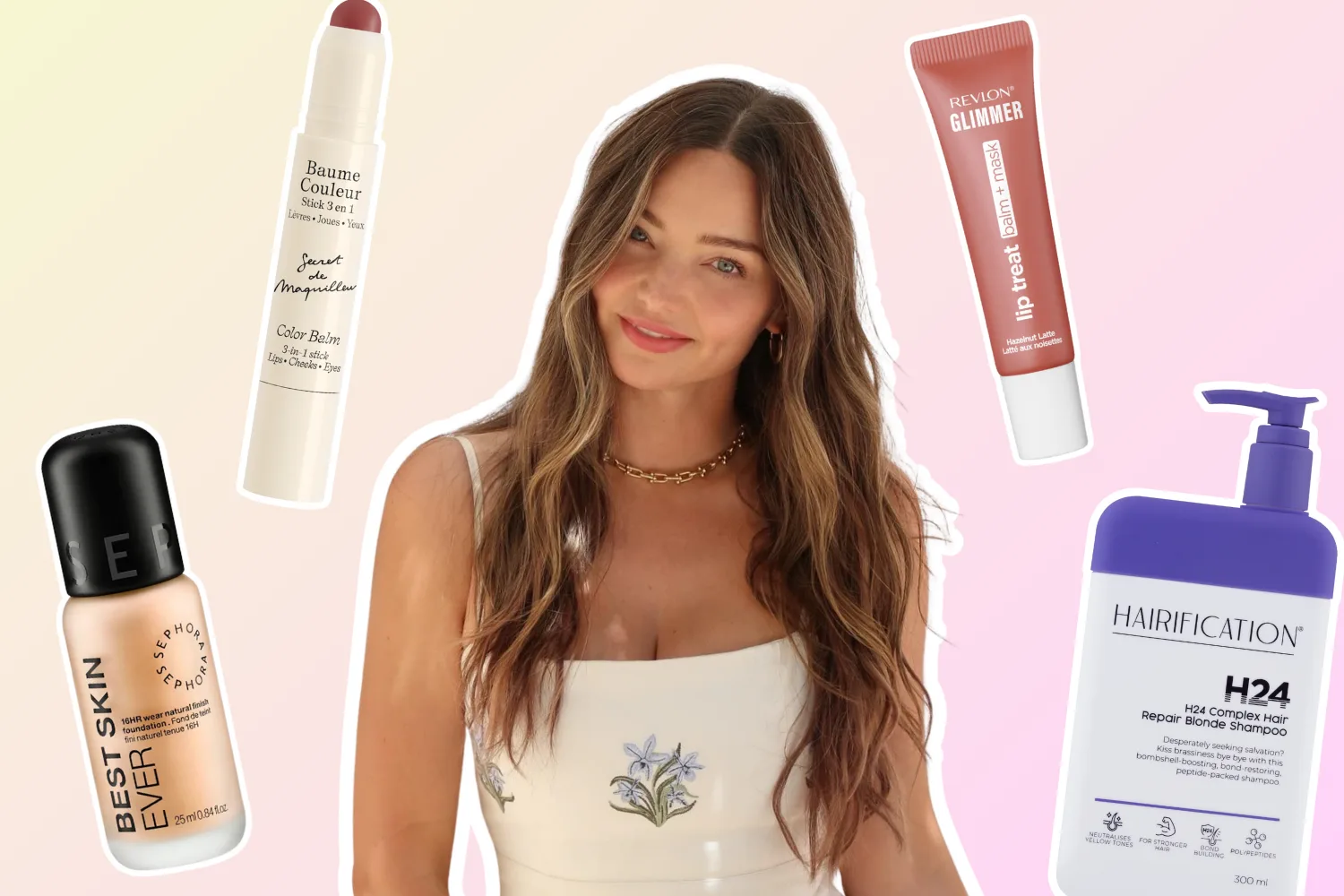 miranda kerr surrounded by beauty products