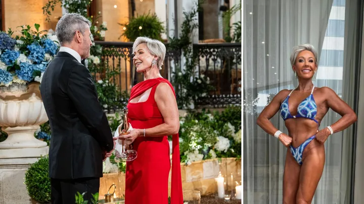 Jan Herdman with The Golden Bachelor Australia's Barry Bear Myrden, and a shot of her glammed up for a bodybuilding competition
