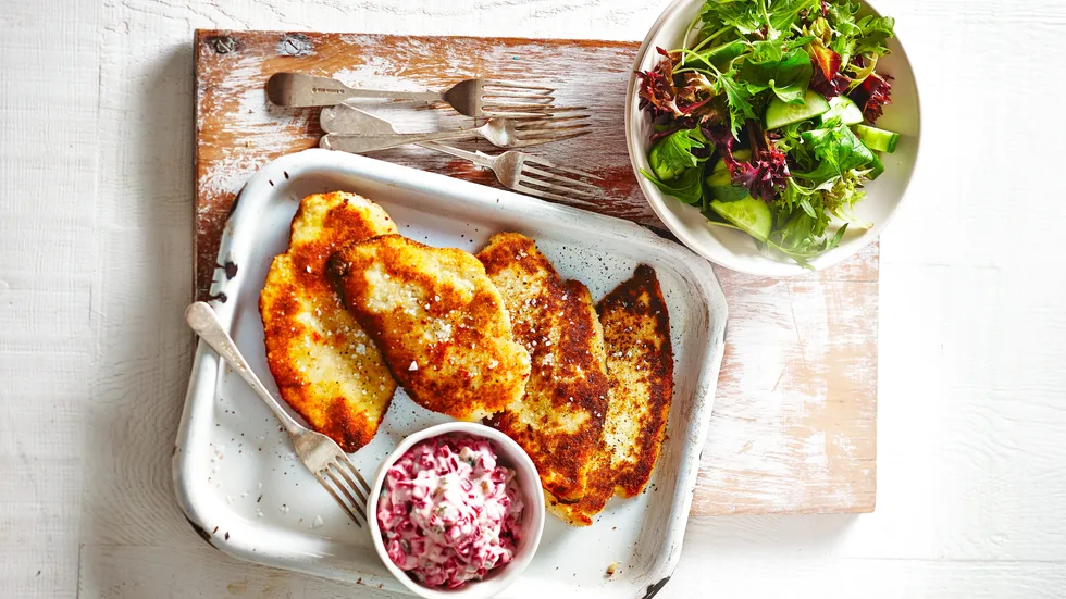 Crumbed Chicken with Beetroot Tzatziki