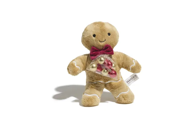gingerbread man soft toy with milk chocolate baubles