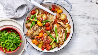 Tuscan Chicken with Asparagus and Tomatoes