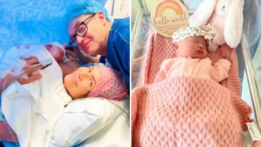 Christie Hayes and husband Justin Justin Coombes-Pearce with their baby girl Marigold May