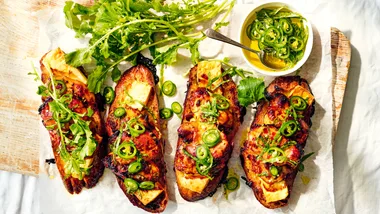 Donna Hay's Harissa chicken and feta baked garlic bread