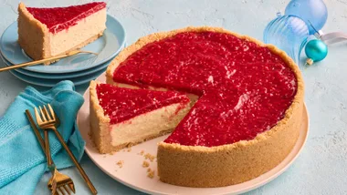 Raspberry-Topped Pistachio Cheesecake