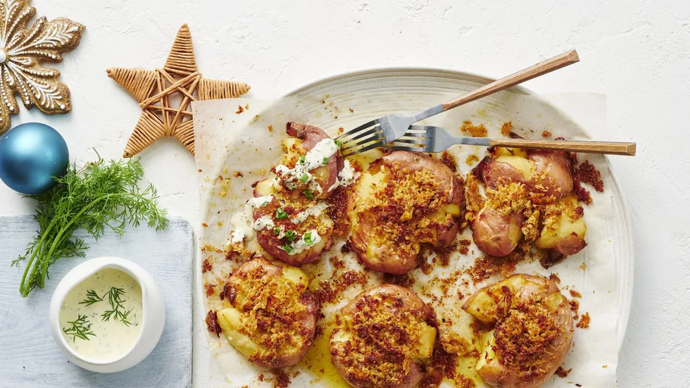 Parmesan Smashed Potatoes with Ranch Dressing