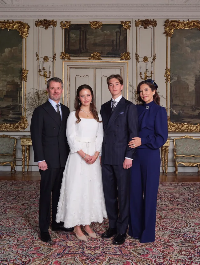 King Frederik and Queen Mary of Denmark with Prince Vincent and Princess Jospehine for their confirmation
