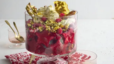 Our Raspberry and Pistachio Praline Trifle is a dessert triumph