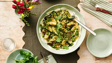 Zucchini with Lemon Labne and Green Olive Dressing