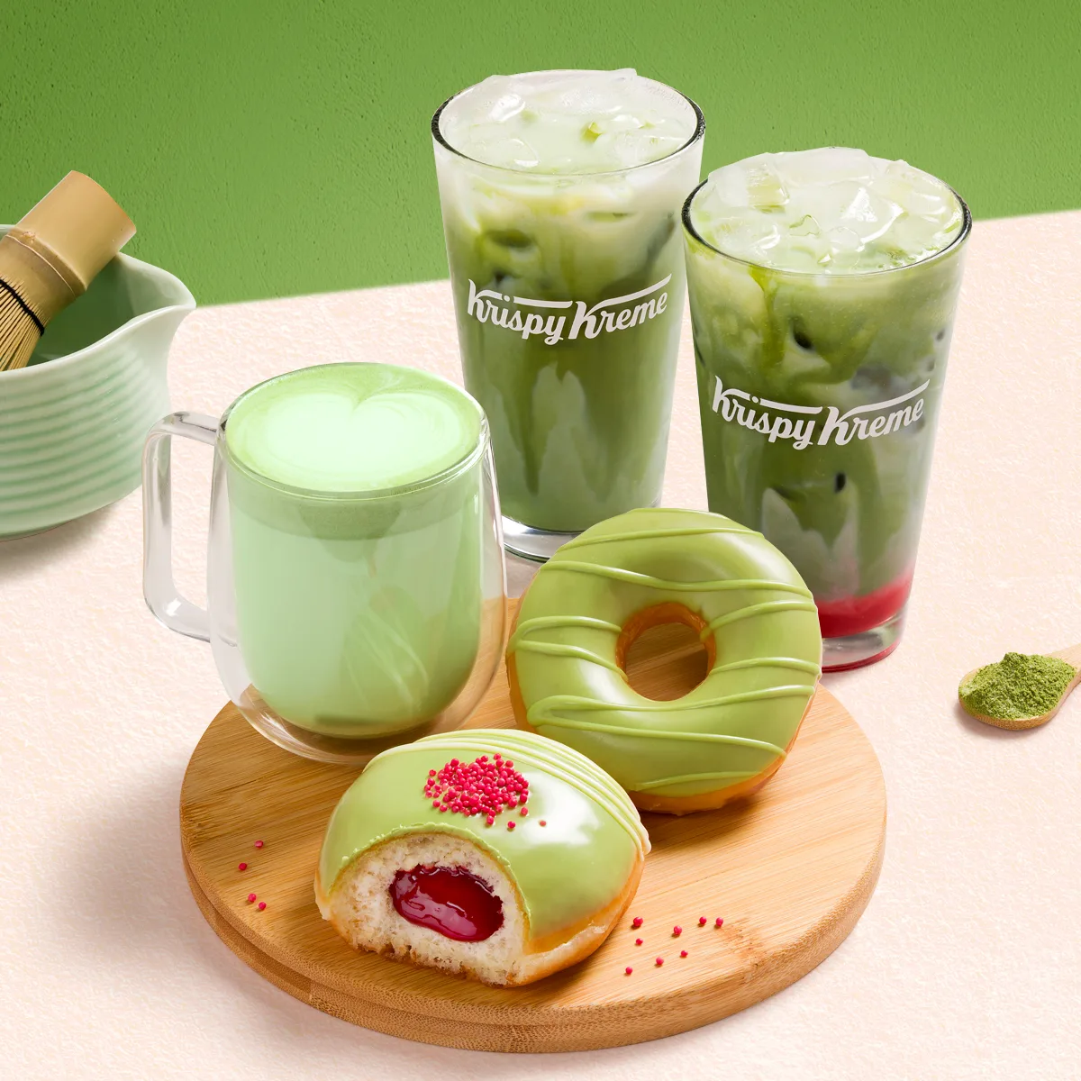 Krispy Kreme matcha moment range with doughnuts and drinks 