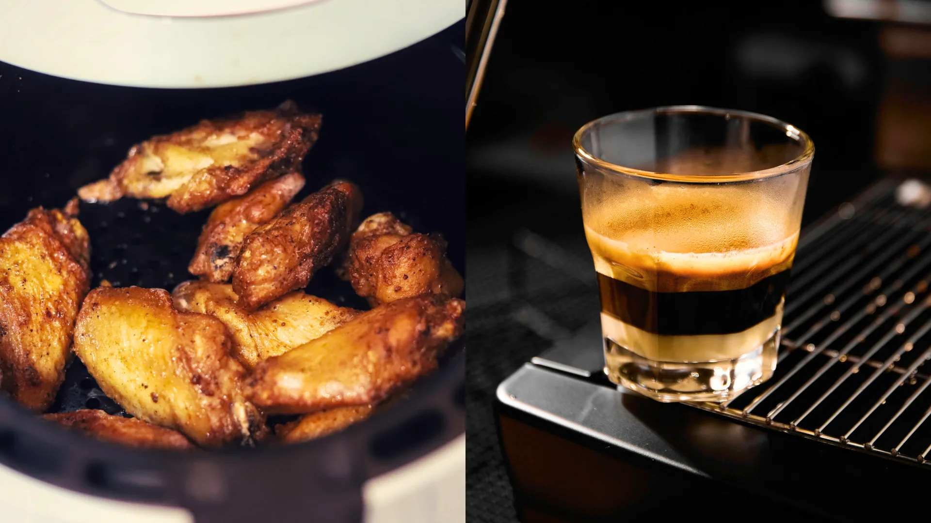 Chicken in air fryer along with an espresso shot