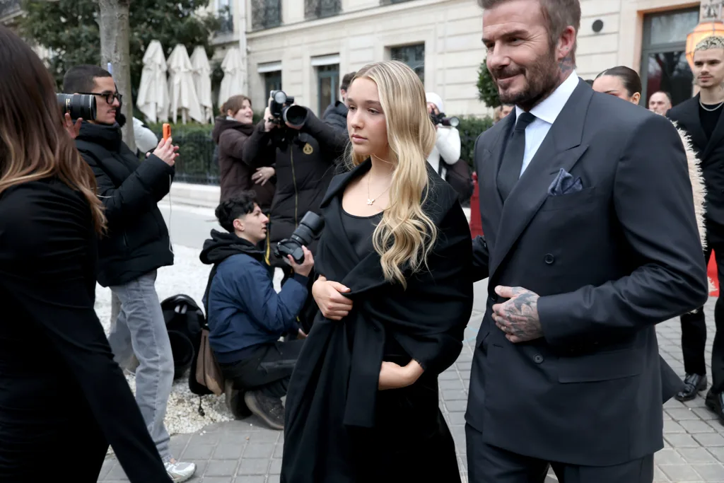Harper Beckham and David Beckham in Paris