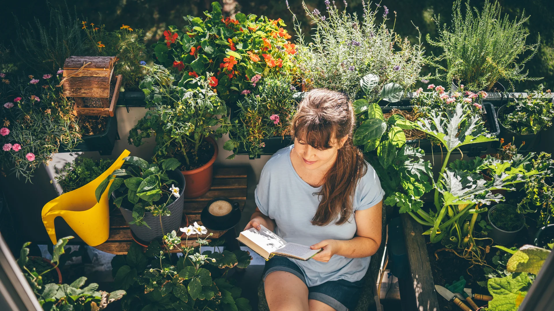 Woman reading book in small garden