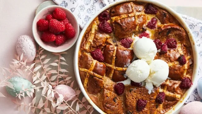 Raspberry and Caramel Hot Cross Bun Pudding