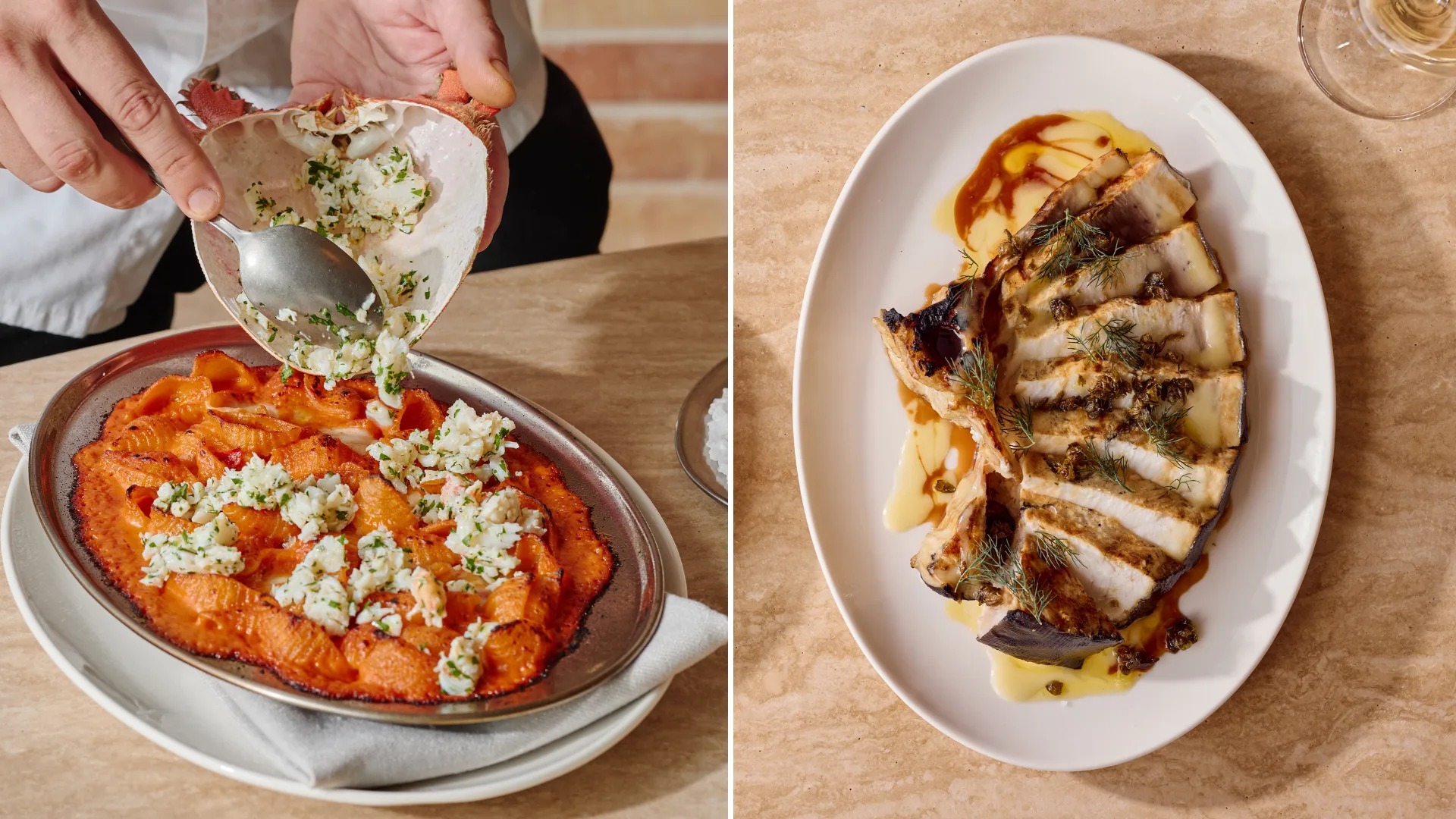 Baked conchiglie pasta with crab and Grilled sword fish steak