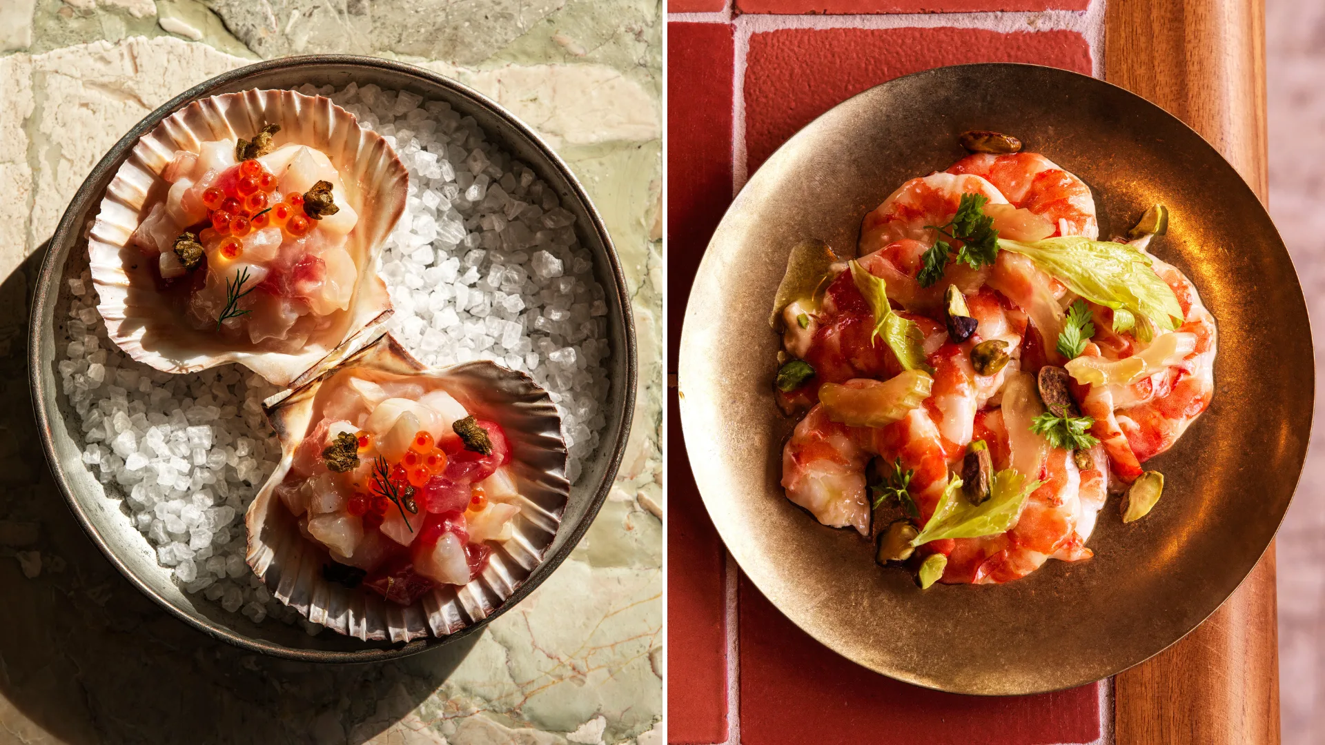 Poached prawns with tarama and scallop, tuna & kingfish tartare&nbsp;