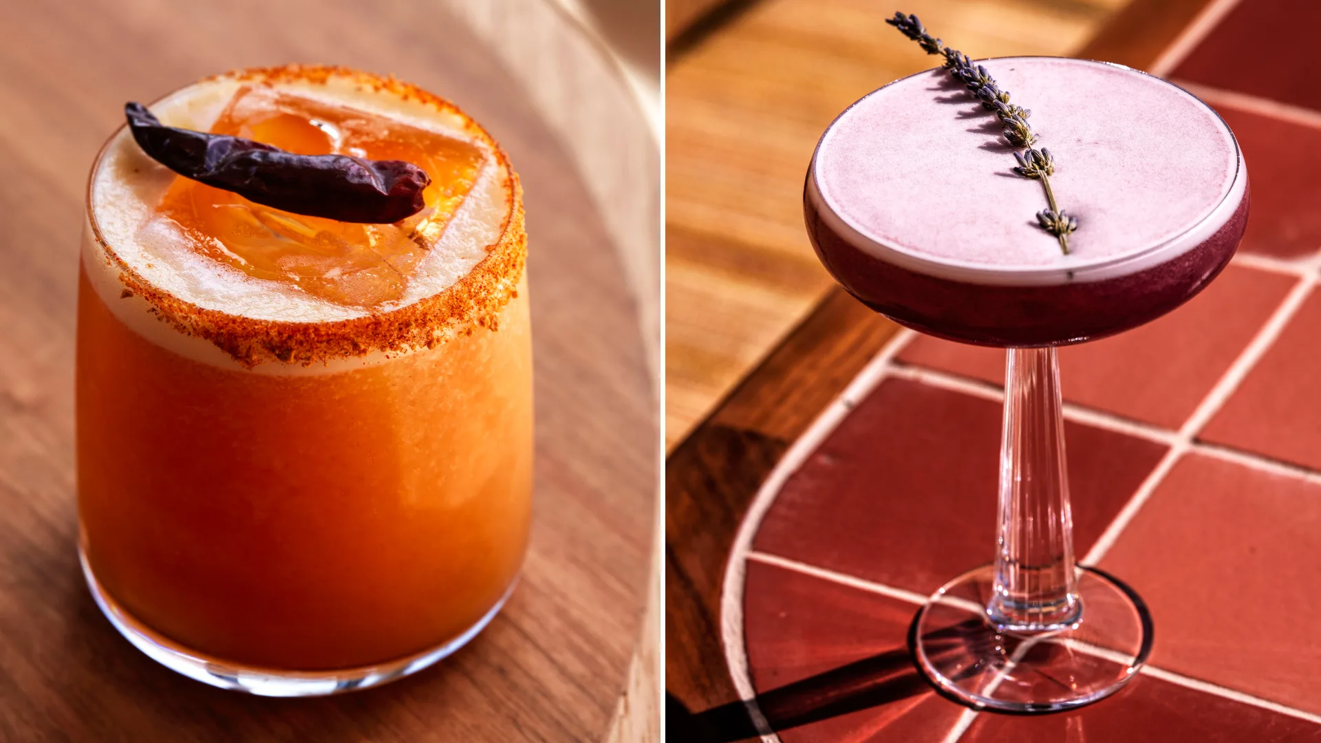 A gin cocktail with butterfly pea tea, Cointreau and lavender, and a tequila cocktail with passionfruit and chilli.