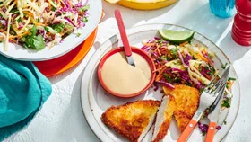 Satay Chicken Schnitzel with Pineapple Slaw