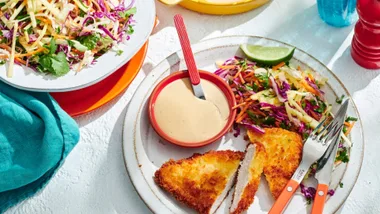 Satay Chicken Schnitzel with Pineapple Slaw