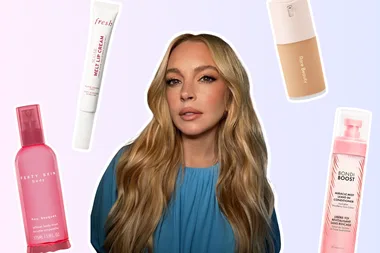 lindsey lohan surrounded by new beauty products