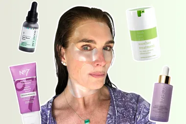 brooke shields face mask surrounded by menopause skincare products