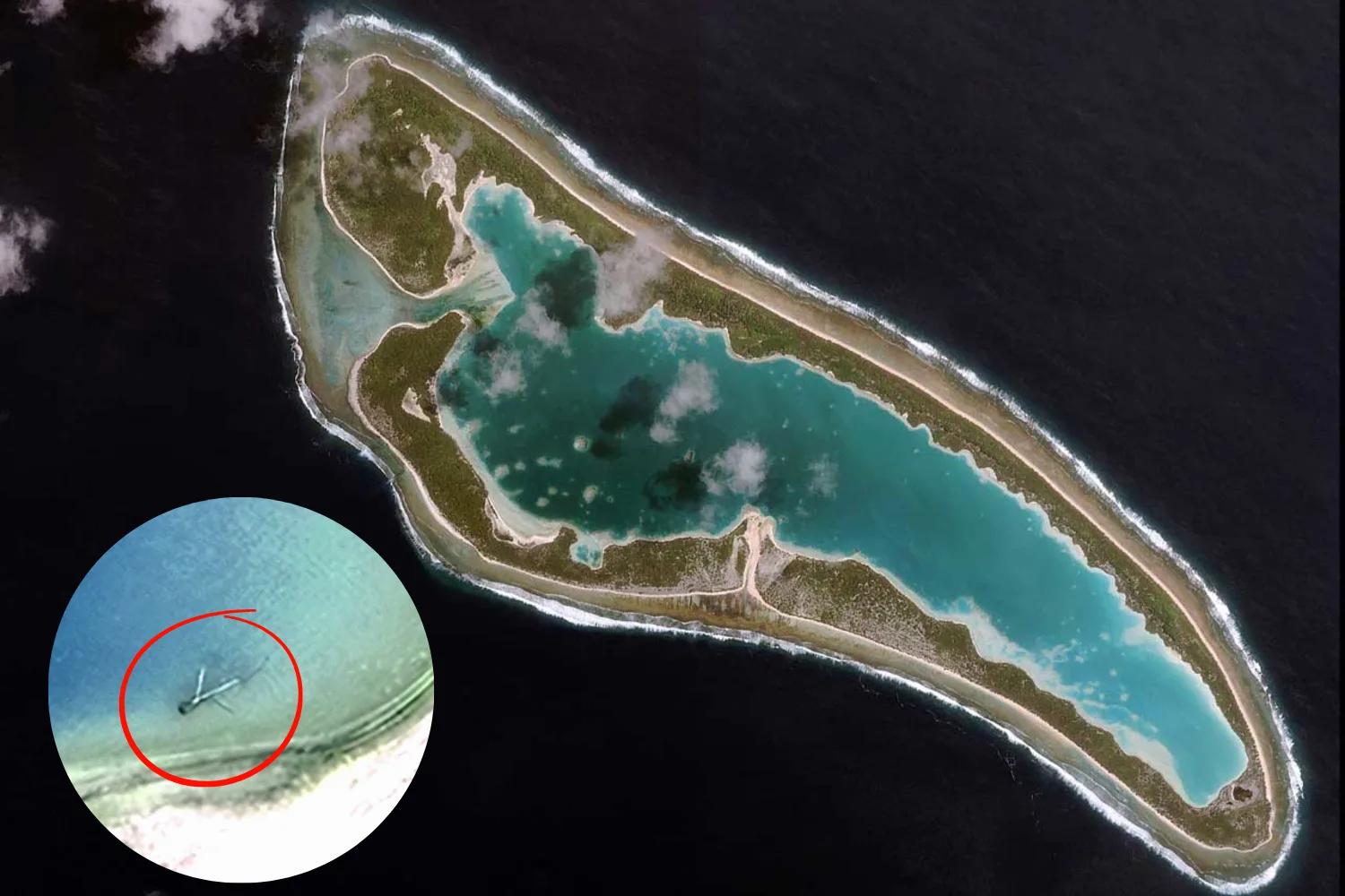 Satellite image of Nikumaroro, where a possible wreckage site linked to Amelia Earhart has been identified.