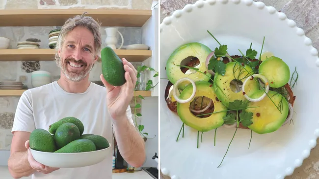 Darren Robertson's Avocado Rounds with Ricotta, Soft Herbs, Pickled Shallot and Chilli Honey
