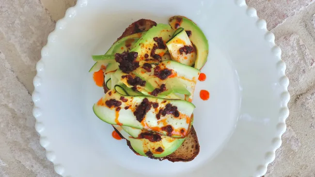 Darren Robertson's Shaved Shepard Avocado, Zucchini, Torn Buffalo Mozzarella and Crispy Chilli Oil